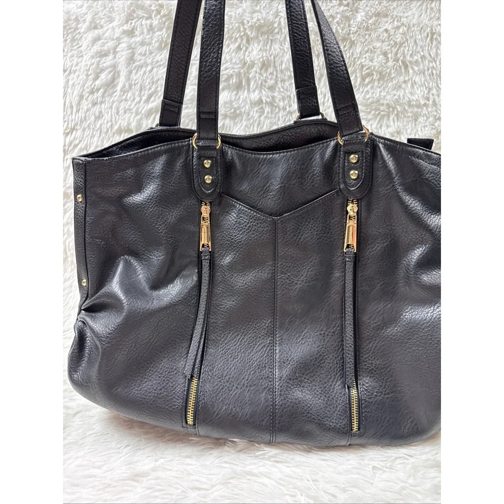 Juicy Couture Style‎ Black Faux Leather Tote Large Gold Zipper Shoulder Bag
